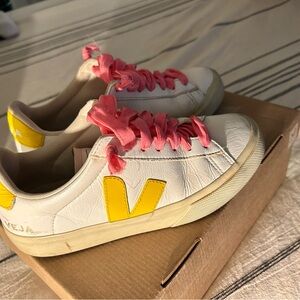 Veja White Sneakers with Pink Laces and Yellow Accents